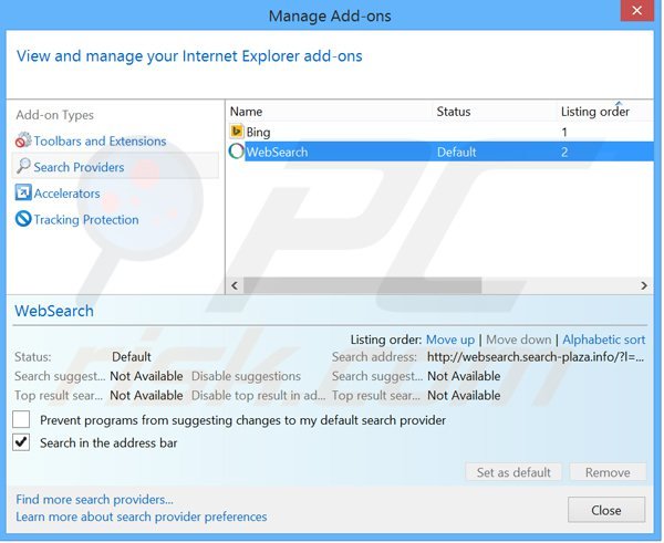 Removing websearch.search-plaza.info from Internet Explorer default search engine