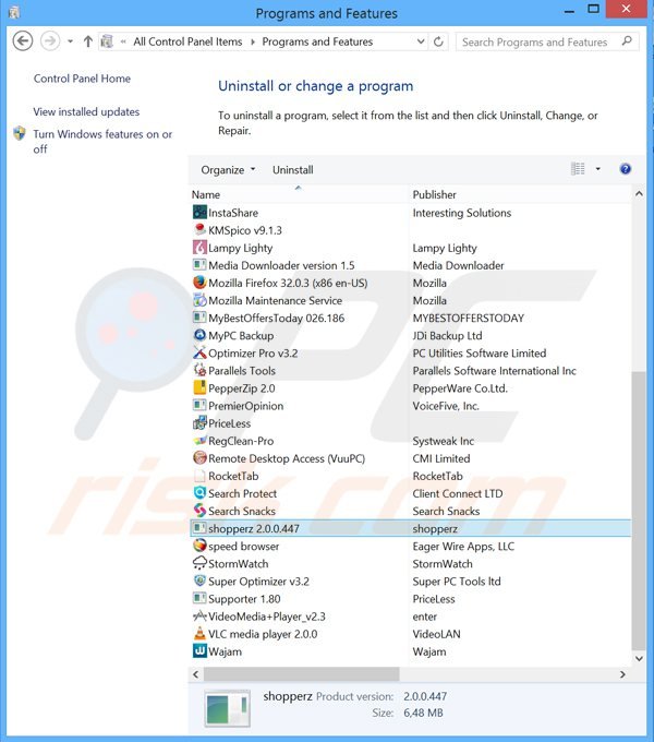 shopperz adware uninstall via Control Panel