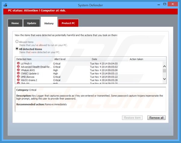 system defender showing a list of supposedly deteceted malware