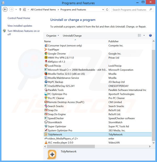 tidynetwork adware uninstall via Control Panel