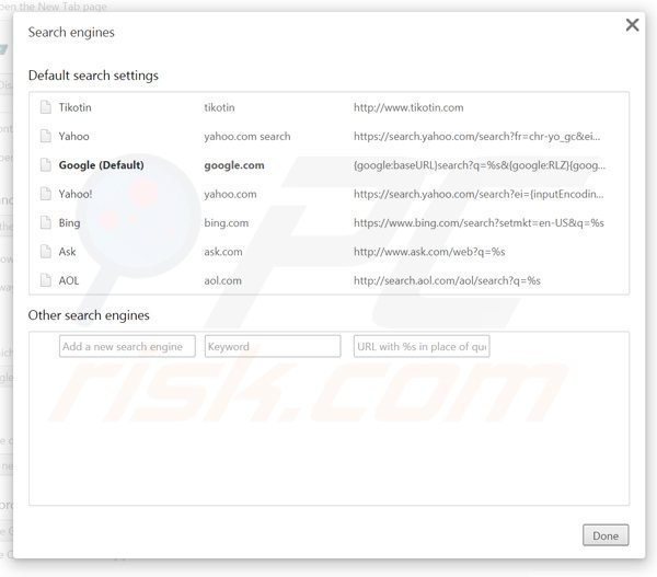 Removing tikotin.com from Google Chrome default search engine