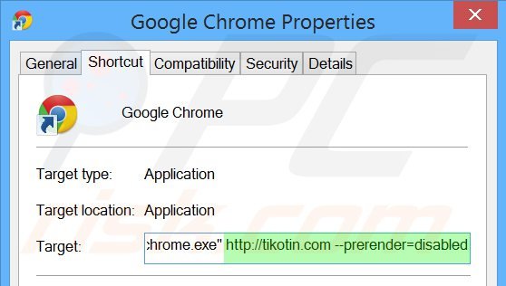 Removing tikotin.com from Google Chrome shortcut target step 2