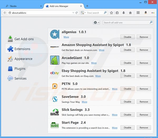 Removing tikotin.com related Mozilla Firefox extensions