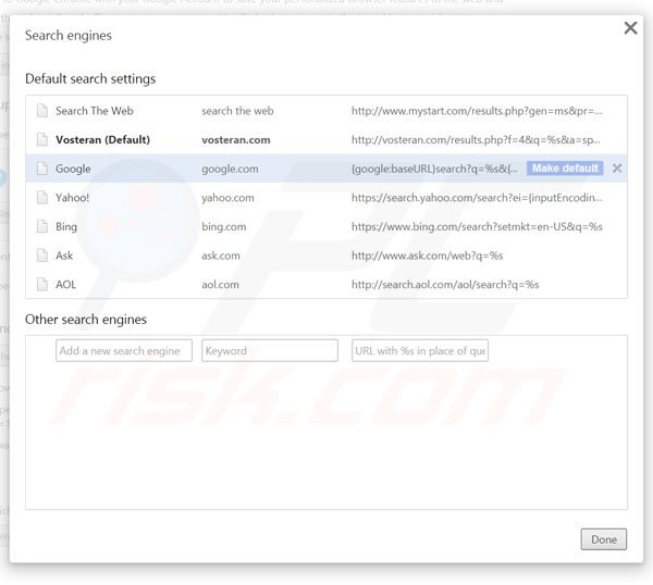 Removing vosteran.com from Google Chrome default search engine