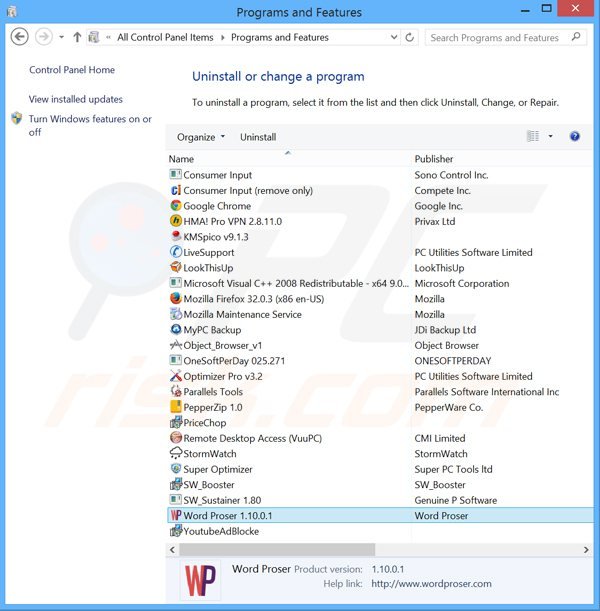 wordproser adware uninstall via Control Panel