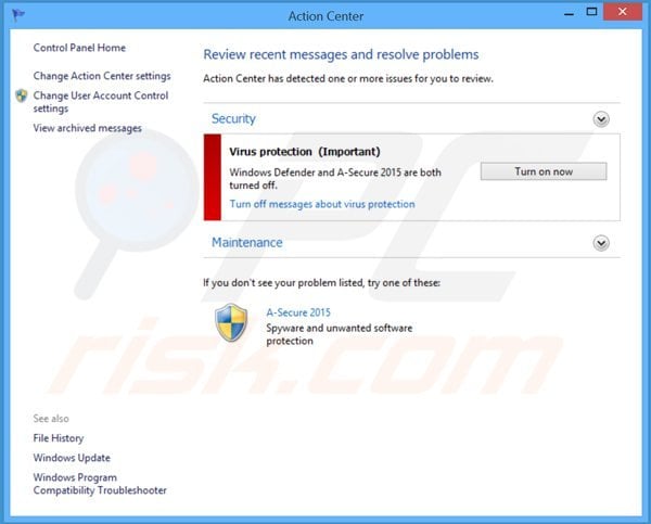 a-secure 2015 displaying a fake Windows action center