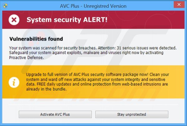 avc plus displaying fake security warning messages