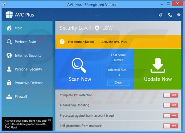 avc plus fake antivirus main window