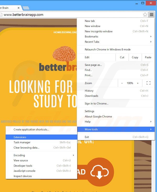 Removing BetterBrain ads from Google Chrome step 1
