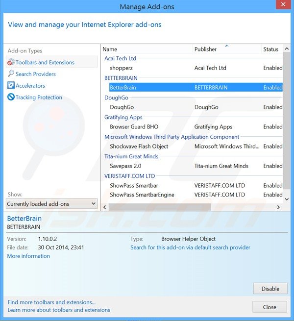 Removing BetterBrain ads from Internet Explorer step 2