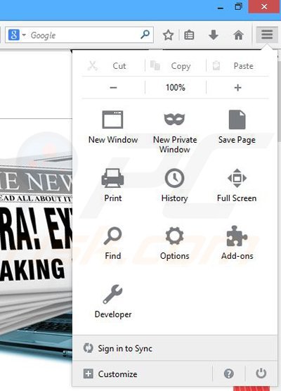 Removing Breaking News Alert ads from Mozilla Firefox step 1