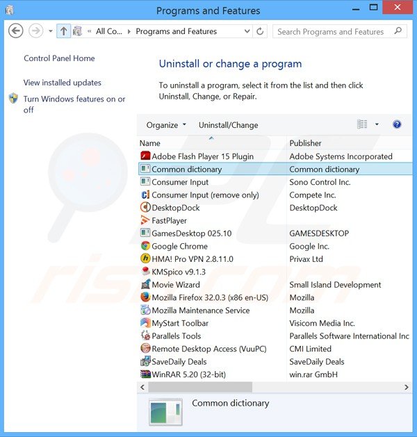 common dictionary adware uninstall via Control Panel