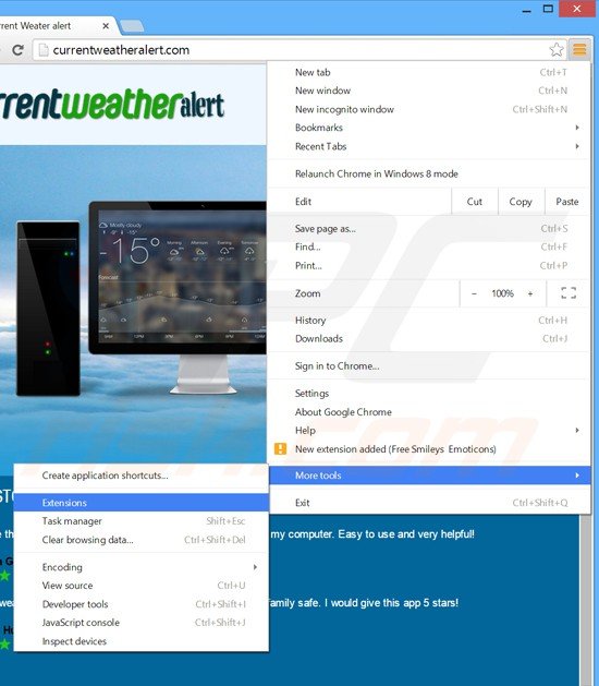 Removing currentweatheralert ads from Google Chrome step 1