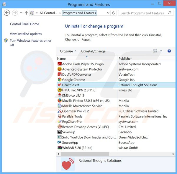 health alert adware uninstall via Control Panel