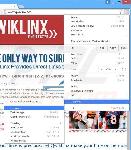 Removing qwiklinx from Google Chrome step 1