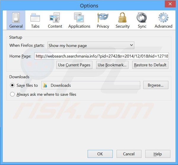 Removing websearch.searchmania.info from Mozilla Firefox homepage