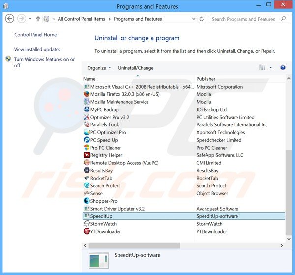 speeditup adware uninstall via Control Panel