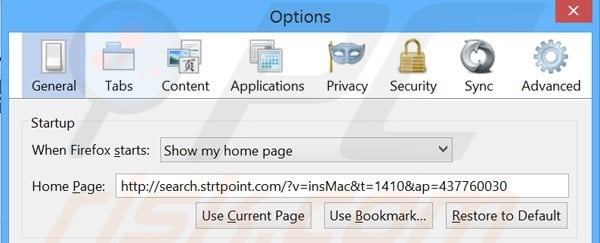 Removing search.strtpoint.com from Mozilla Firefox homepage
