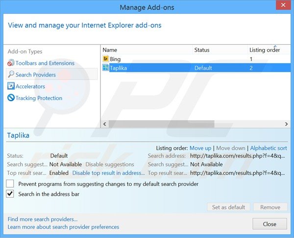 Removing taplika.com from Internet Explorer default search engine