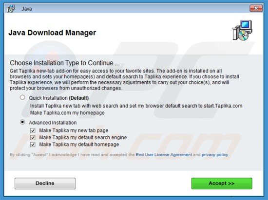 taplika.com browser hijacker installer