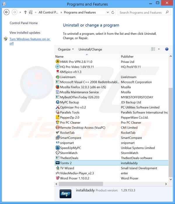 TornPlusTV adware uninstall via Control Panel