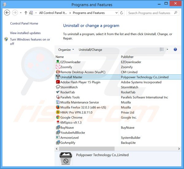 Uninstall Master browser hijacker uninstall via Control Panel