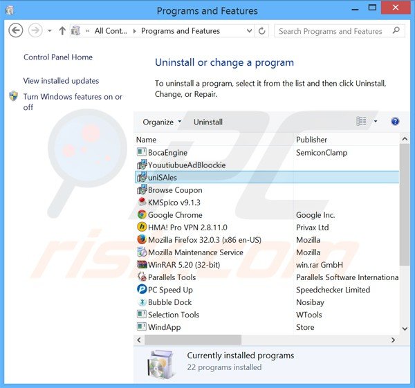 unisales adware uninstall via Control Panel