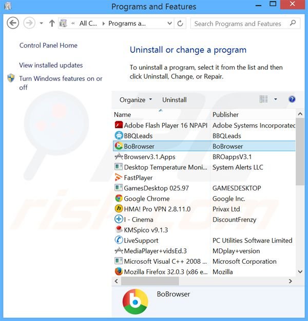 BoBrowser adware uninstall via Control Panel