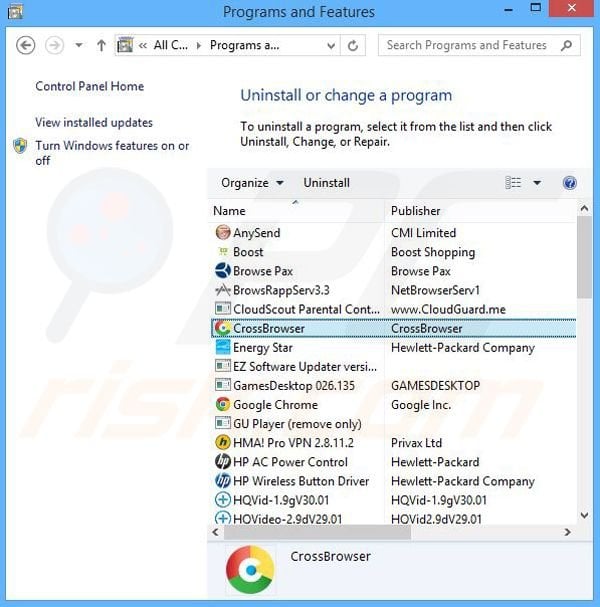 CrossBrowser adware uninstall via Control Panel