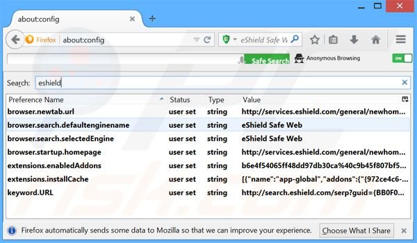 Removing search.eshield.com from Mozilla Firefox default search engine