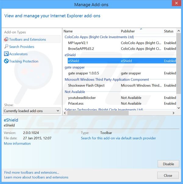 Removing search.eshield.com related Internet Explorer extensions