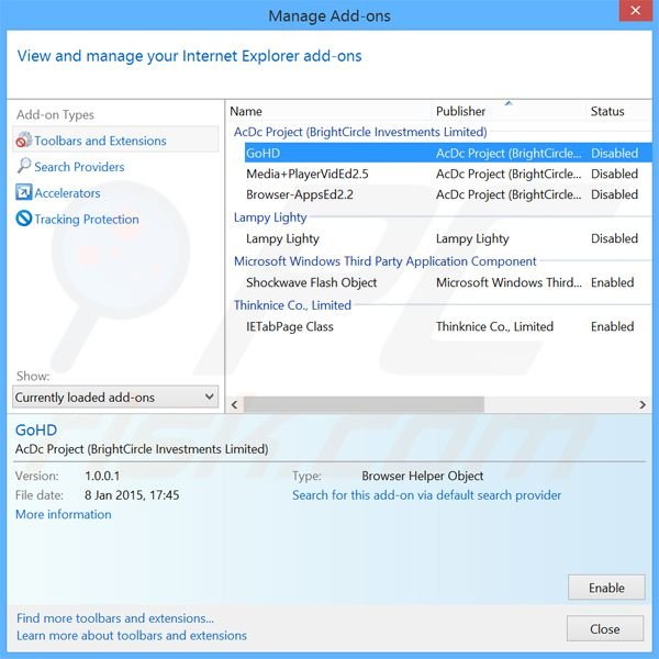 Removing GoHD ads from Internet Explorer step 2