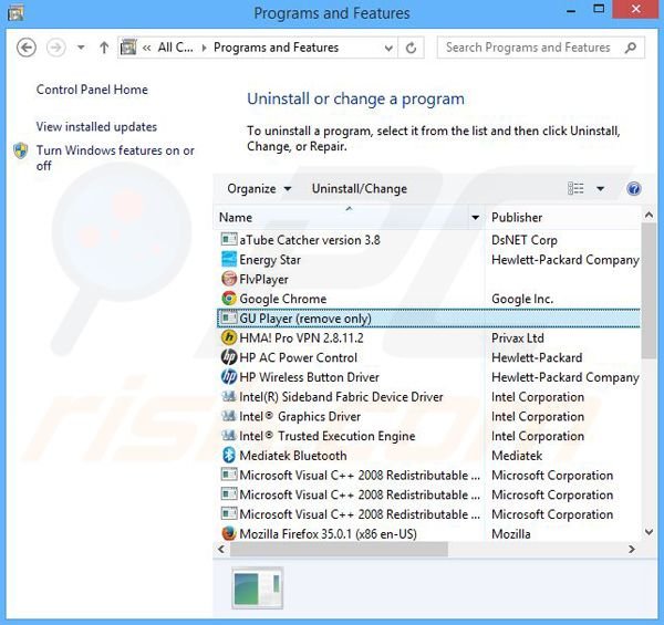 GUPlayer adware uninstall via Control Panel