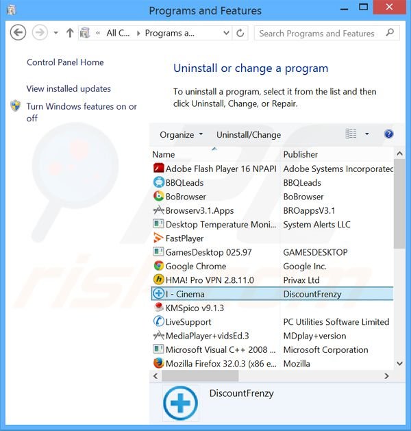 I-Cinema adware uninstall via Control Panel