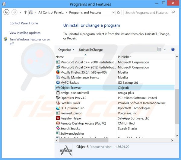 object browser adware uninstall via Control Panel