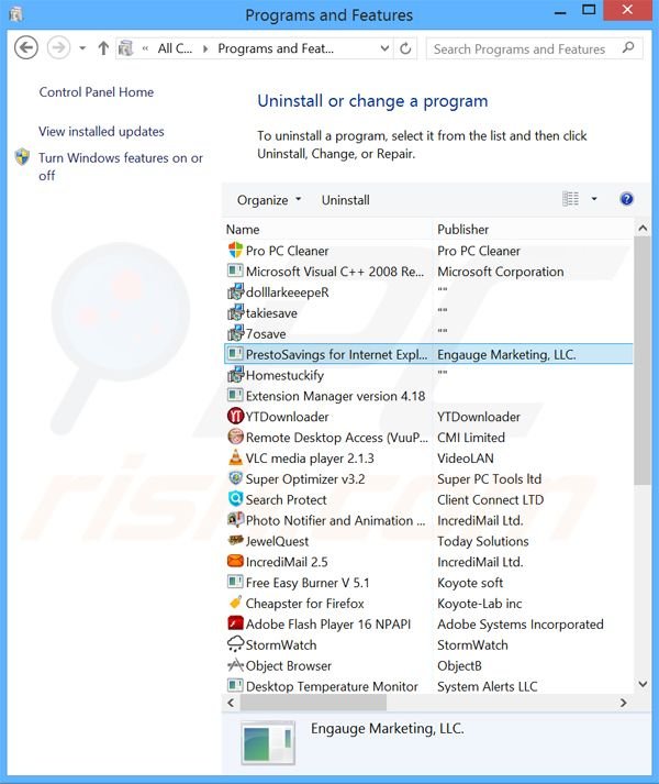 Presto Savings adware uninstall via Control Panel