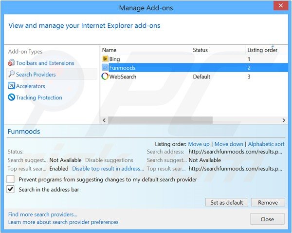 Removing searchfunmoods.com from Internet Explorer default search engine