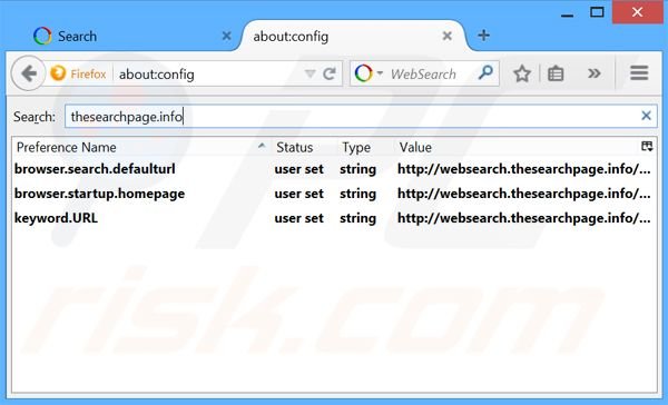 Removing websearch.thesearchpage.info from Mozilla Firefox default search engine