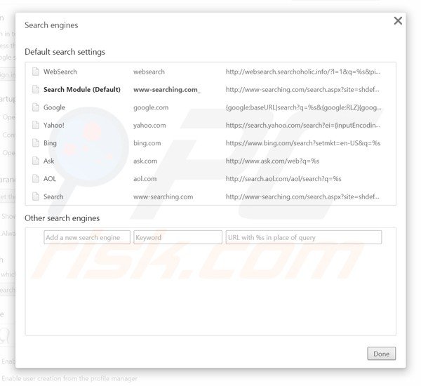 Removing www-searching.com from Google Chrome default search engine
