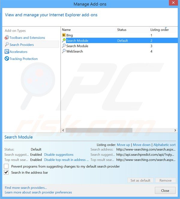 Removing www-searching.com from Internet Explorer default search engine