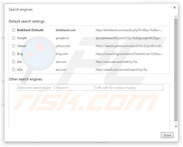 Removing binkiland.com from Google Chrome default search engine