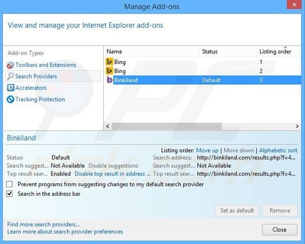 Removing binkiland.com from Internet Explorer default search engine