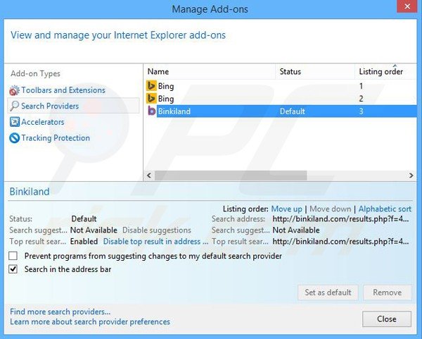 Removing binkiland.com from Internet Explorer default search engine