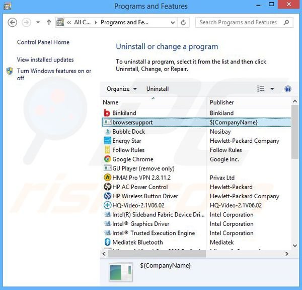 BrowserSupport adware uninstall via Control Panel