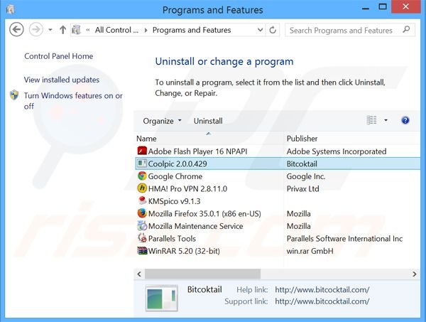 Coolpic adware uninstall via Control Panel