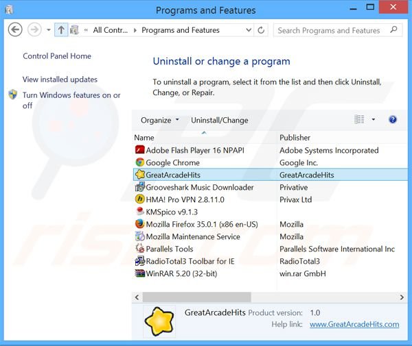 GreatArcadeHits adware uninstall via Control Panel