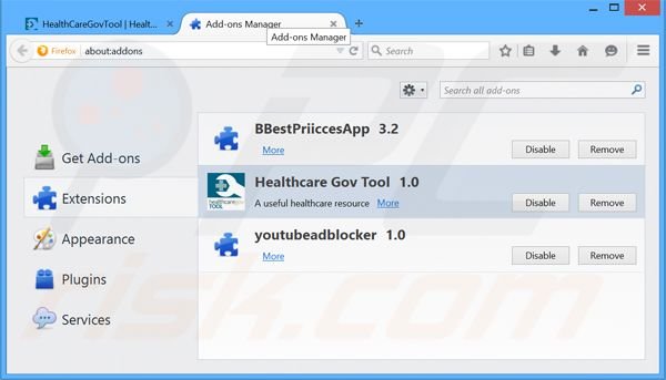 Removing Healthcare Gov Tool ads from Mozilla Firefox step 2