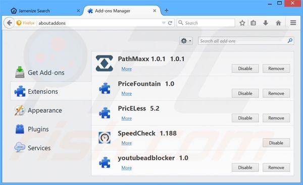 Removing jamenize.com related Mozilla Firefox extensions