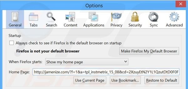 Removing jamenize.com from Mozilla Firefox homepage