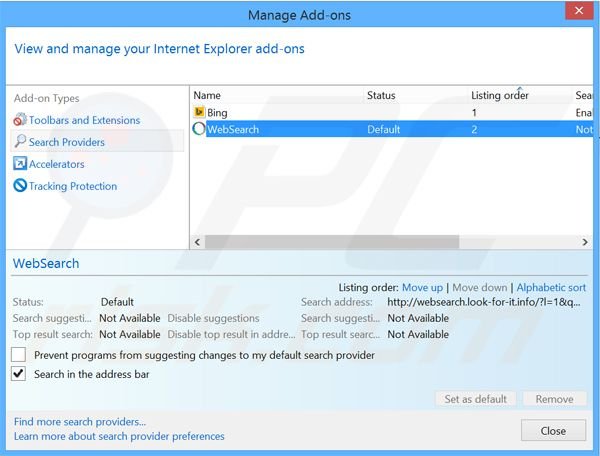 Removing websearch.look-for-it.info from Internet Explorer default search engine
